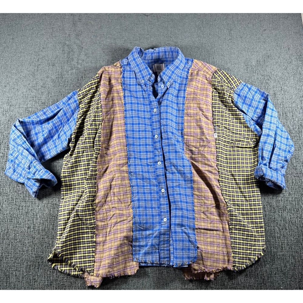 BDG Urban Outfitters Patchwork‎ Plaid Button Down Shirt Blue Yellow Large L OS